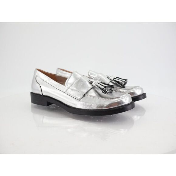 Franco Sarto Lucia Tassel Loafer Women Size 9 Silver Vegan Leather Block Heel - Picture 1 of 11